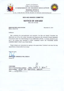 Notice of Award (NOA-2021-010-009)