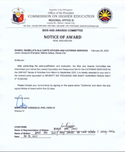 NOTICE OF AWARD: DHARYL ISABELLE’S ALA CARTE KITCHEN AND CATERING SERVICES (NOA: 2022-002-004)