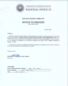 NOTICE TO PROCEED (NTP) NOA:2022-07-005 Re: CONDUCT OF CONFERENCE FOR CHEDROXI HOSTING OF THE 2022 TOPCIT RELATED ACTIVITIES ON AUGUST 1-3, 2022