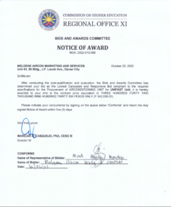 NOA:2022-010-086 Re: MELGENE AIRCON MARKETING AND SERVICES with the Procurement of AIRCONDITIONING UNIT for UniFAST Unit