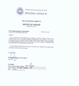 NOA:2022-011-087 Re: Southwood Mindanao Corporation for the Procurement of Office Chair, Office Table and Sofa