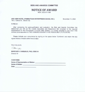 NOA:2022-011-095 Re: APO VIEW HOTEL (PAMINUTUAN ENTERPRISES DAVAO, INC.) for the Procurement of Food And Venue