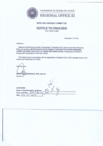 NOA:2022-012-028 (Notice to Proceed) Re: Metro-Davao Development Corporation (Doing Business Under the Name and Style of Grand Men Seng Hotel) for the Procurement of Food and Venue for the Conduct of Re-orientation on CMO 25, s. 2021 among Deans and Program Heads of Pharmacy Program and Self-Assessment on the Compliance with CHED Minimum Requirements among HEIs with Health Related Programs