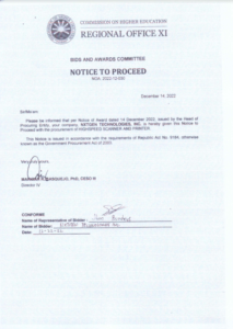 NOA:2022-012-030 (Notice to Proceed) Re: NXTGEN TECHNOLOGIES, INC. for the Procurement of Highspeed Scanner and Printer