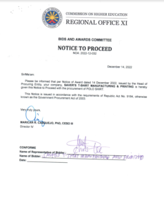 NOTICE TO PROCEED (NOA:2022-12-032) Re: SAVER’S T-SHIRT MANUFACTURING & PRINTING for the Procurement of POLO SHIRTS