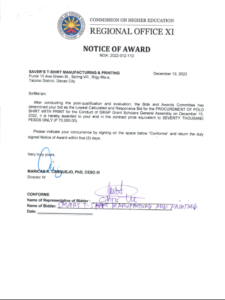 NOTICE OF AWARD (NOA:2022-12-110) Re: SAVER’S T-SHIRT MANUFACTURING & PRINTING for the Procurement of POLO SHIRTS WITH PRINT