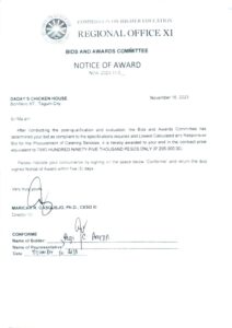 NOTICE OF AWARD (NOA 2023-011-035) Re: DADAY’S CHICKEN HOUSE FOR THE PROCUREMENT OF CATERING SERVICES