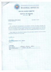 NOTICE OF AWARD (NOA 2023-11-037) Re: GRAND REGAL HOTEL DAVAO FOR THE PROCUREMENT OF ACCOMMODATION, FOOD AND VENUE