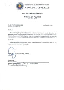 NOTICE OF AWARD (NOA 2023-12-036) Re: JPABJ PRINTING SERVICES FOR THE PROCUREMENT OF THE OFFICE SUPPLIES