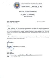NOTICE OF AWARD (NOA 2023-012-036) Re: JPABJ PRINTING SERVICES FOR THE PROCUREMENT OF OFFICE SUPPLIES