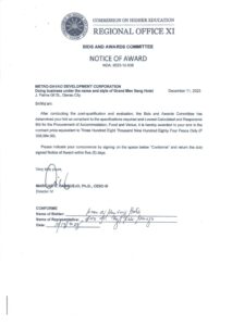 NOTICE OF AWARD (NOA 2023-012-038) Re: METRO-DAVAO DEVELOPMENT CORPORATION DOING BUSINESS UNDER THE NAME AND STYLE OF GRAND MEN SENG HOTEL FOR THE PROCUREMENT OF ACCOMMODATION, FOOD AND VENUE