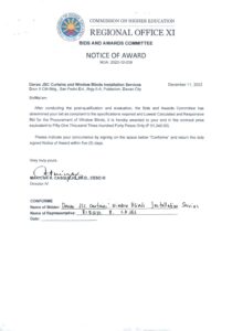 NOTICE OF AWARD (NOA 2023-012-039) Re: DAVAO JSC CURTAINS AND WINDOW BLINDS INSTALLATION SERVICES FOR THE PROCUREMENT OF WINDOW BLINDS
