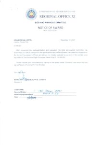 NOTICE OF AWARD (NOA 2023-012-041) Re: GRAND REGAL HOTEL HOTEL FOR THE PROCUREMENT OF FOOD AND VENUE