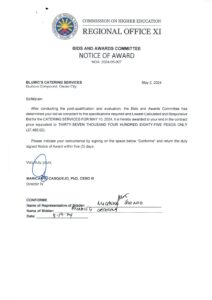 NOTICE OF AWARD (NOA 2024-05-007) Re: BLUMIC’S CATERING SERVICES FOR MAY 10, 2024