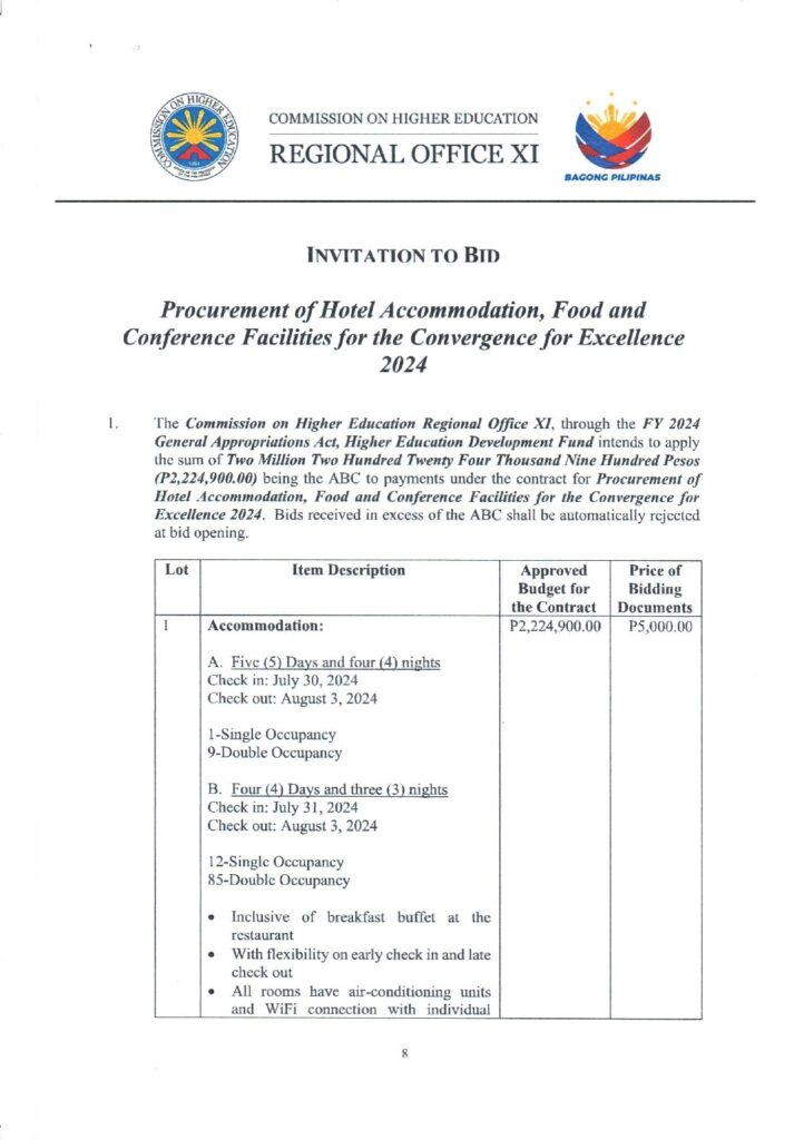 INVITATION TO BID FOR PUBLIC BIDDING OF HOTEL ACCOMMODATION, FOOD AND CONFERENCE FACILITIES FOR JULY 30 – AUGUST 3, 2024