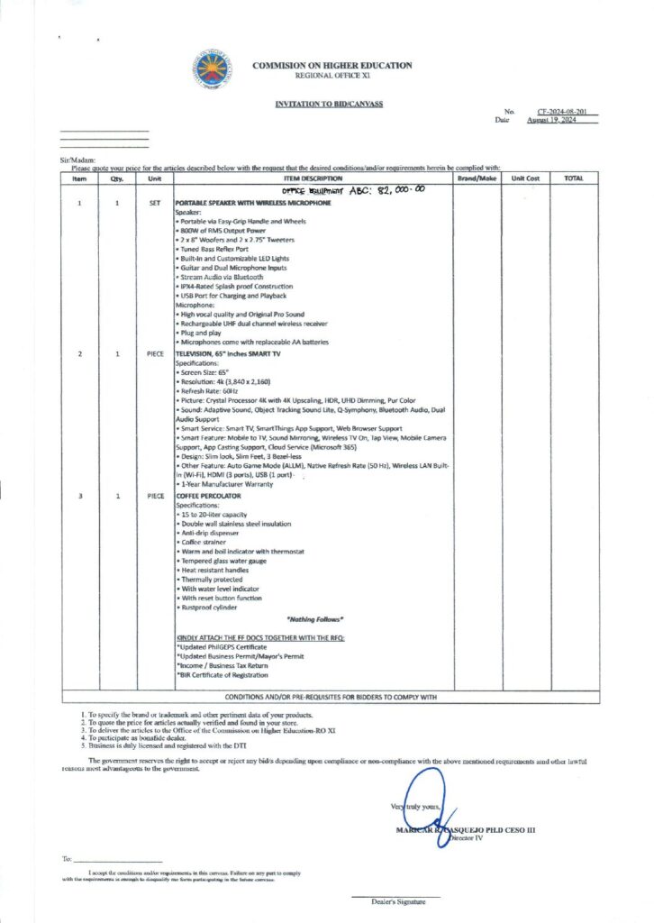 INVITATION TO BID: CHEDROXI-2024-08-201  |  ABC: 82,000.00  |  OFFICE EQUIPMENT