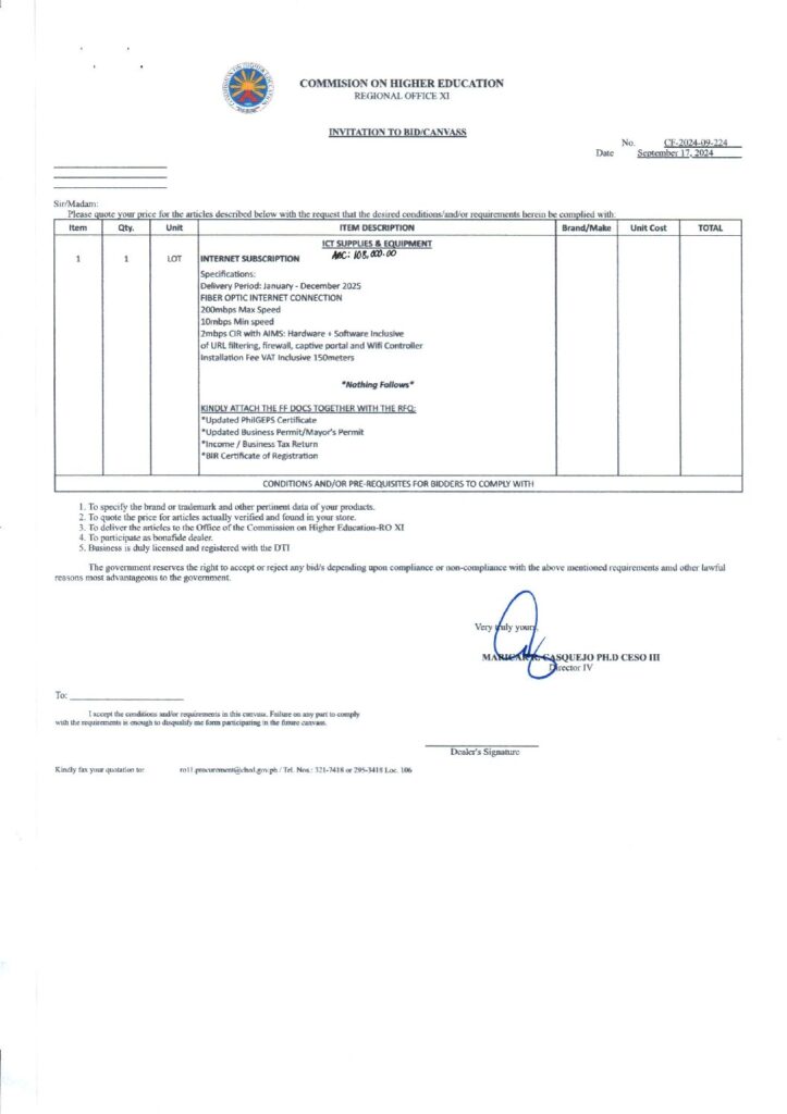 INVITATION TO BID: CF-2024-09-224 | ABC: 108,000.00 | INTERNET SERVICE PROVIDER FOR FY 2025