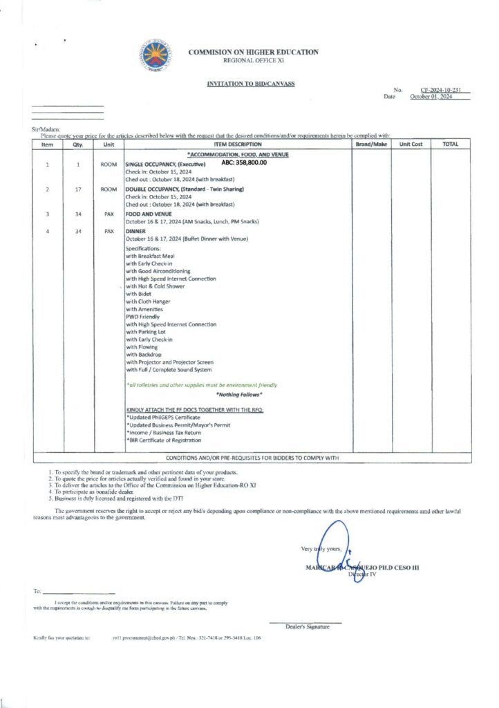 INVITATION TO BID: CF-2024-10-231 | ABC: 358,800.00 | ACCOMMODATION, FOOD AND VENUE