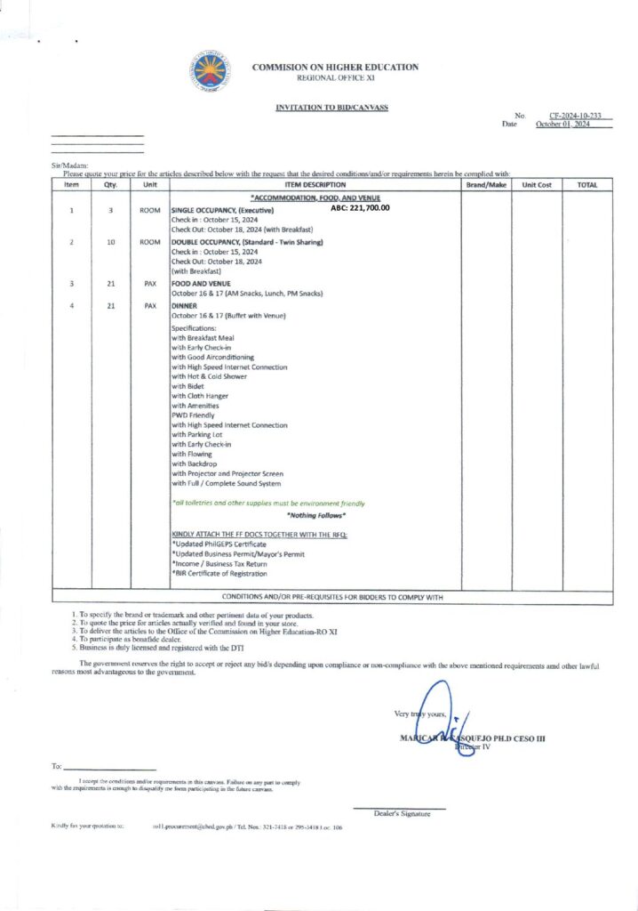 INVITATION TO BID: CF-2024-10-233 | ABC: 221,700.00 | ACCOMMODATION, FOOD AND VENUE