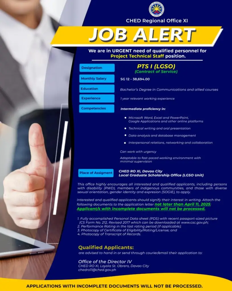 CHED RO XI Now Hiring: Project Technical Staff I (Contract of Service)